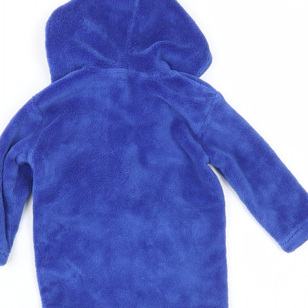 Brand and care label for Early Days boys’ blue solid capri robe, size 6-9, months