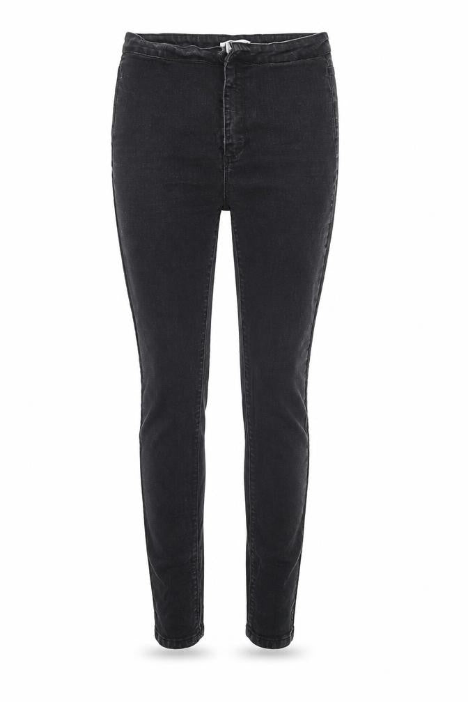 Front view of In the Style women’s black denim tapered jeans, size UK 12, 31-inch leg - elastic waist
