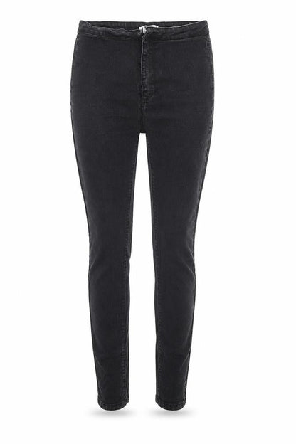 Front view of In the Style women’s black denim tapered jeans, size UK 12, 31-inch leg - elastic waist