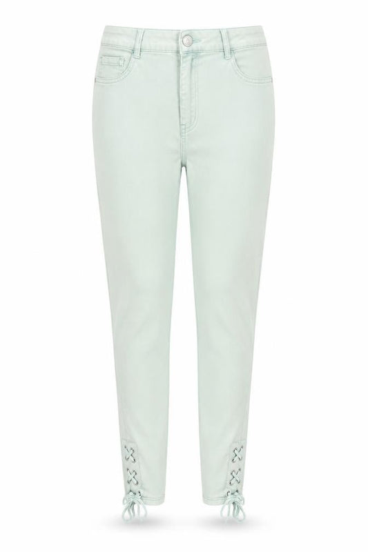 Front view of /denim women’s green denim tapered jeans, size UK 12, 25-inch leg - elastic waist