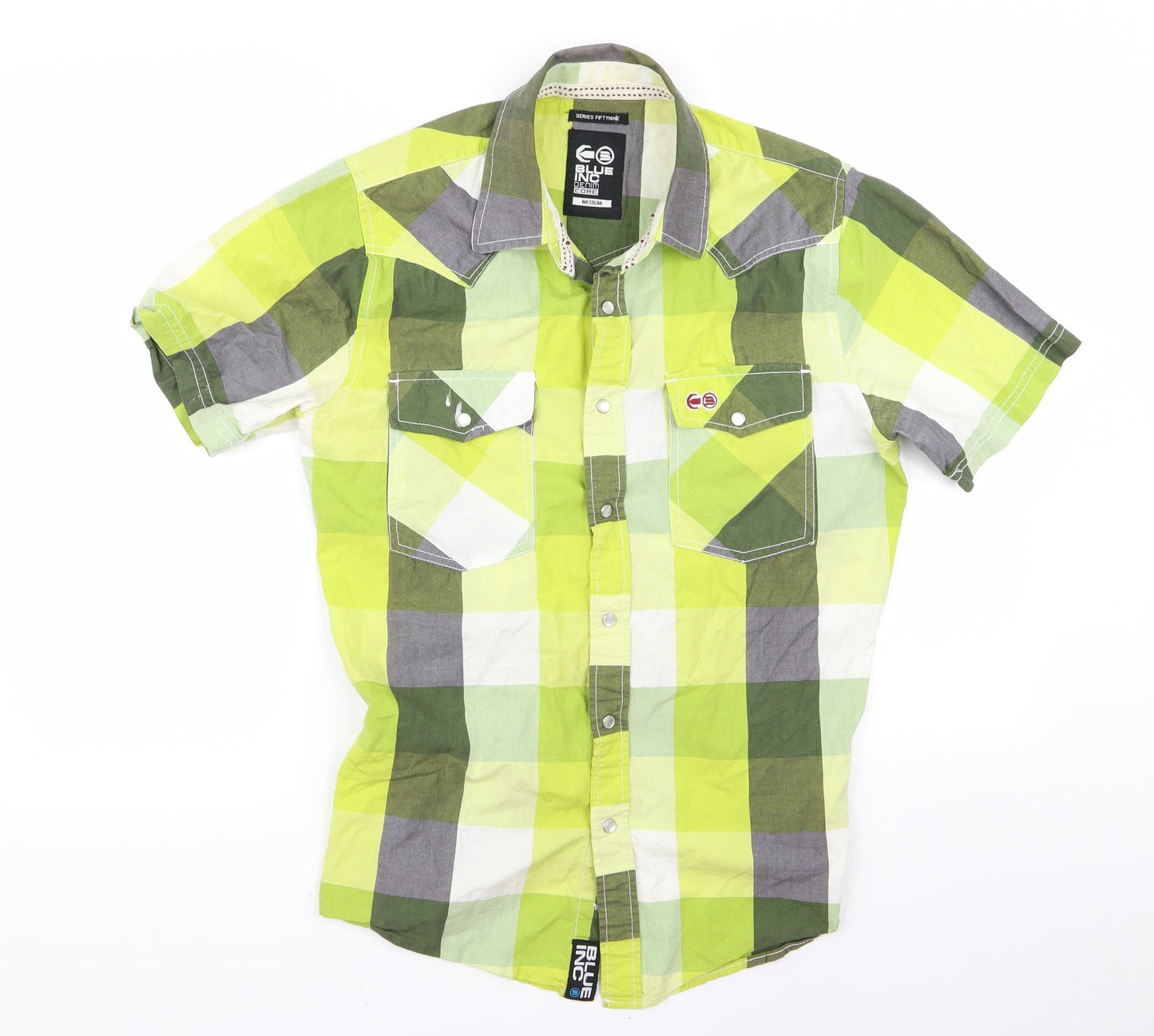 Mens UK Size M Blue Inc Green  Button-Up Short Sleeve Casual Shirt