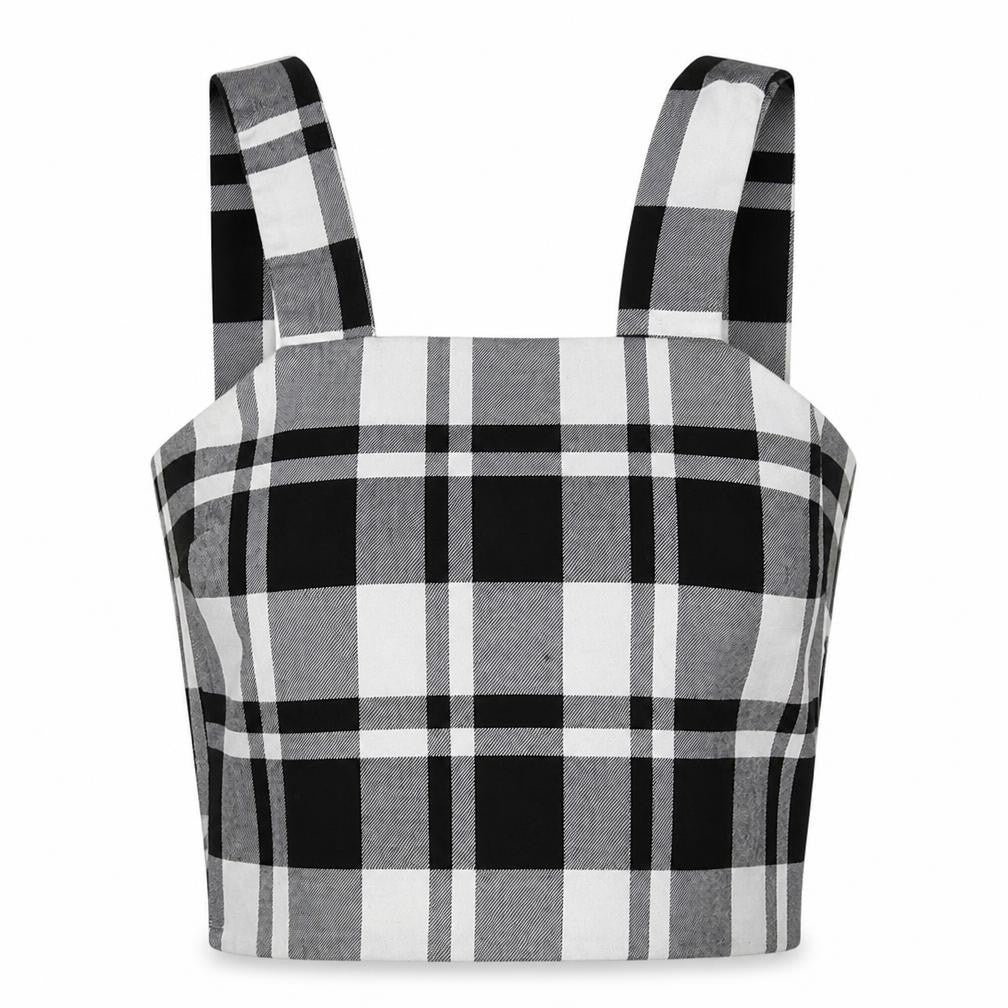 Front view of TALLYWELL women’s black check cropped tank, size XS