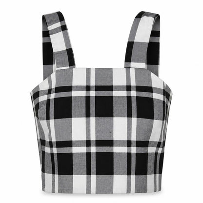 Front view of TALLYWELL women’s black check cropped tank, size XS