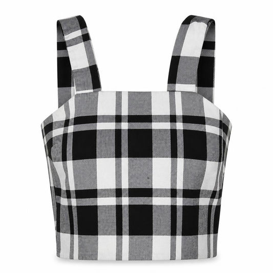 Front view of TALLYWELL women’s black check cropped tank, size XS
