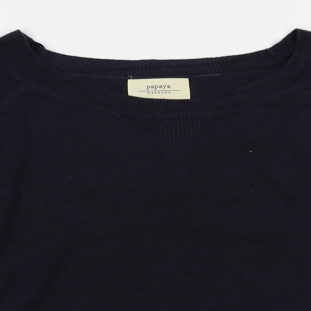 Close-up detail of Papaya women’s blue jumper, size UK 12
