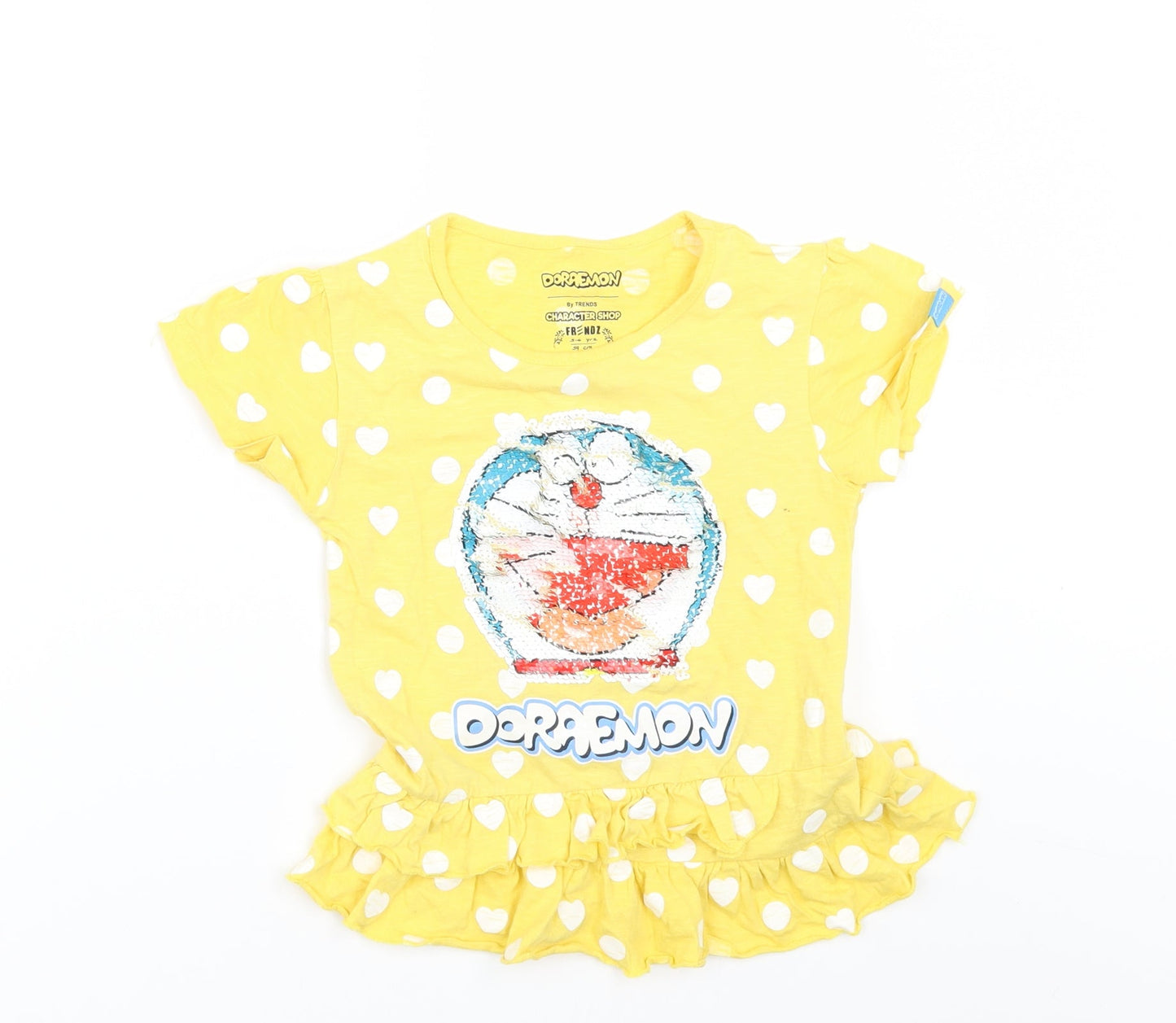 Doraemon Girls Yellow Polka Dot  Basic T-Shirt Size 5-6 Years
