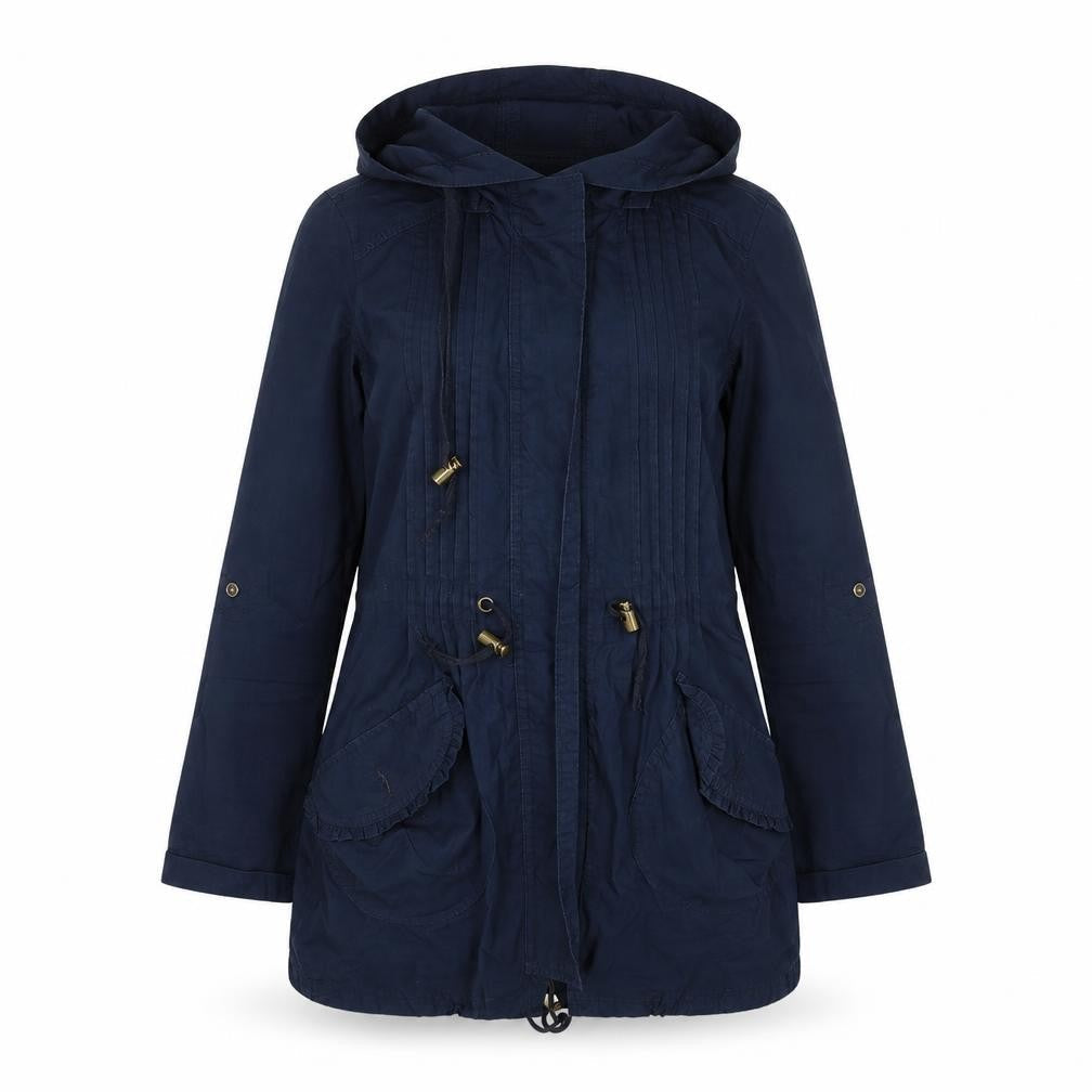 Front view of denim and co women’s blue jacket coat, size UK 8