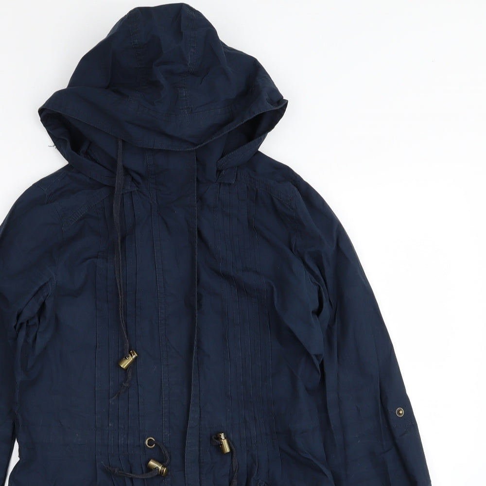 Close-up detail of denim and co women’s blue jacket coat, size UK 8