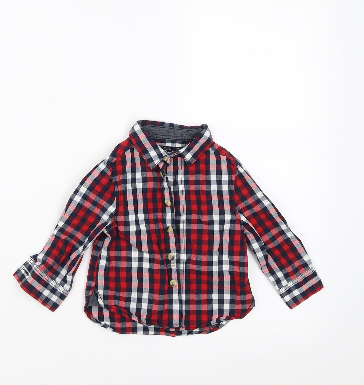 Additional front view of Mini Rebel boys’ blue check basic button-up, size 9-12, months
