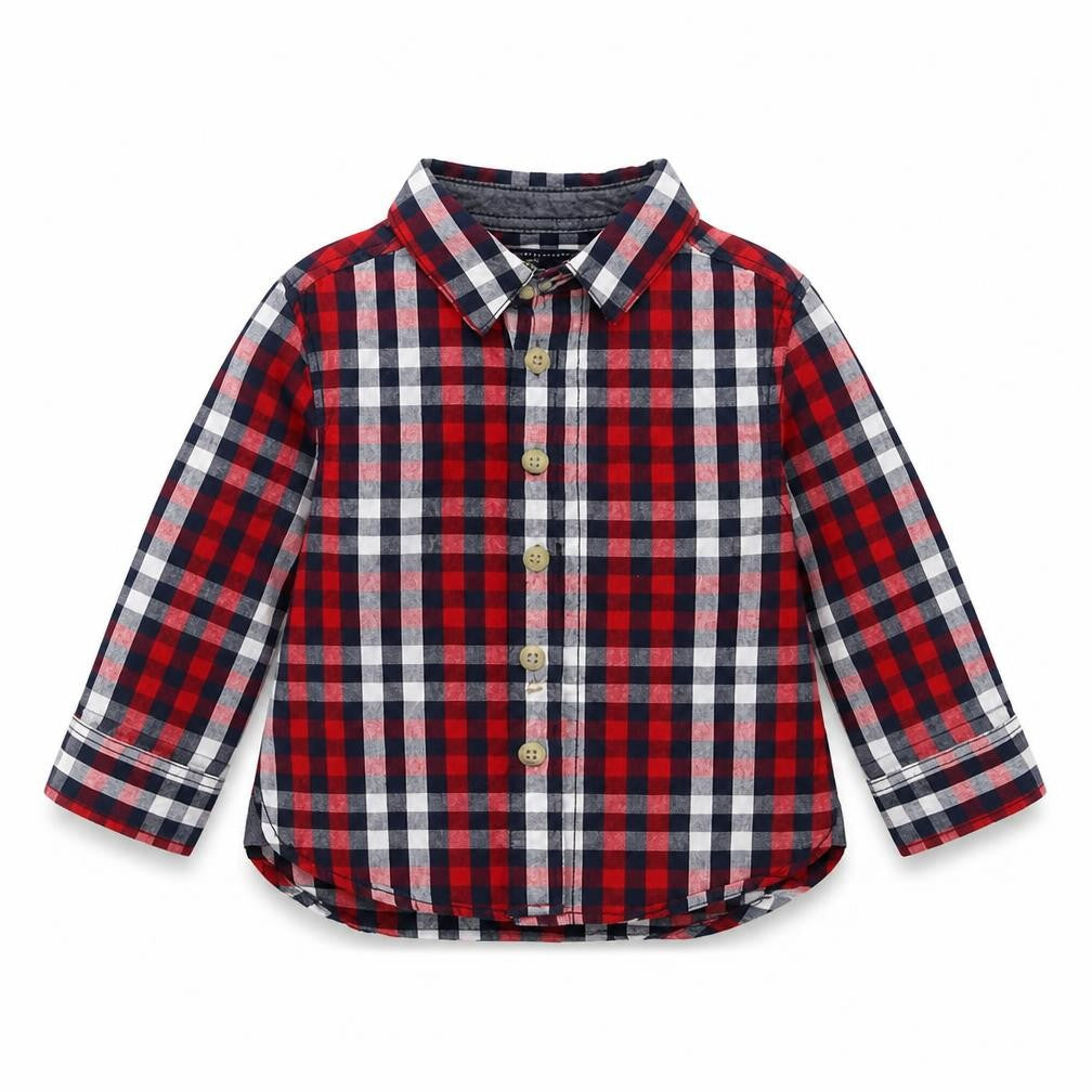 Front view of Mini Rebel boys’ blue check basic button-up, size 9-12, months