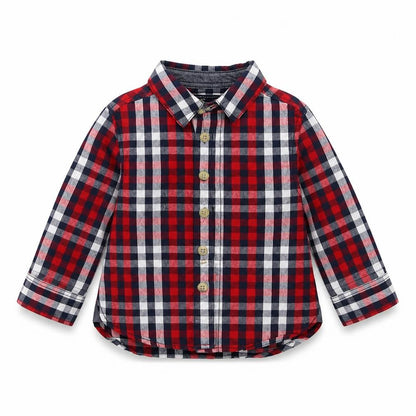 Front view of Mini Rebel boys’ blue check basic button-up, size 9-12, months