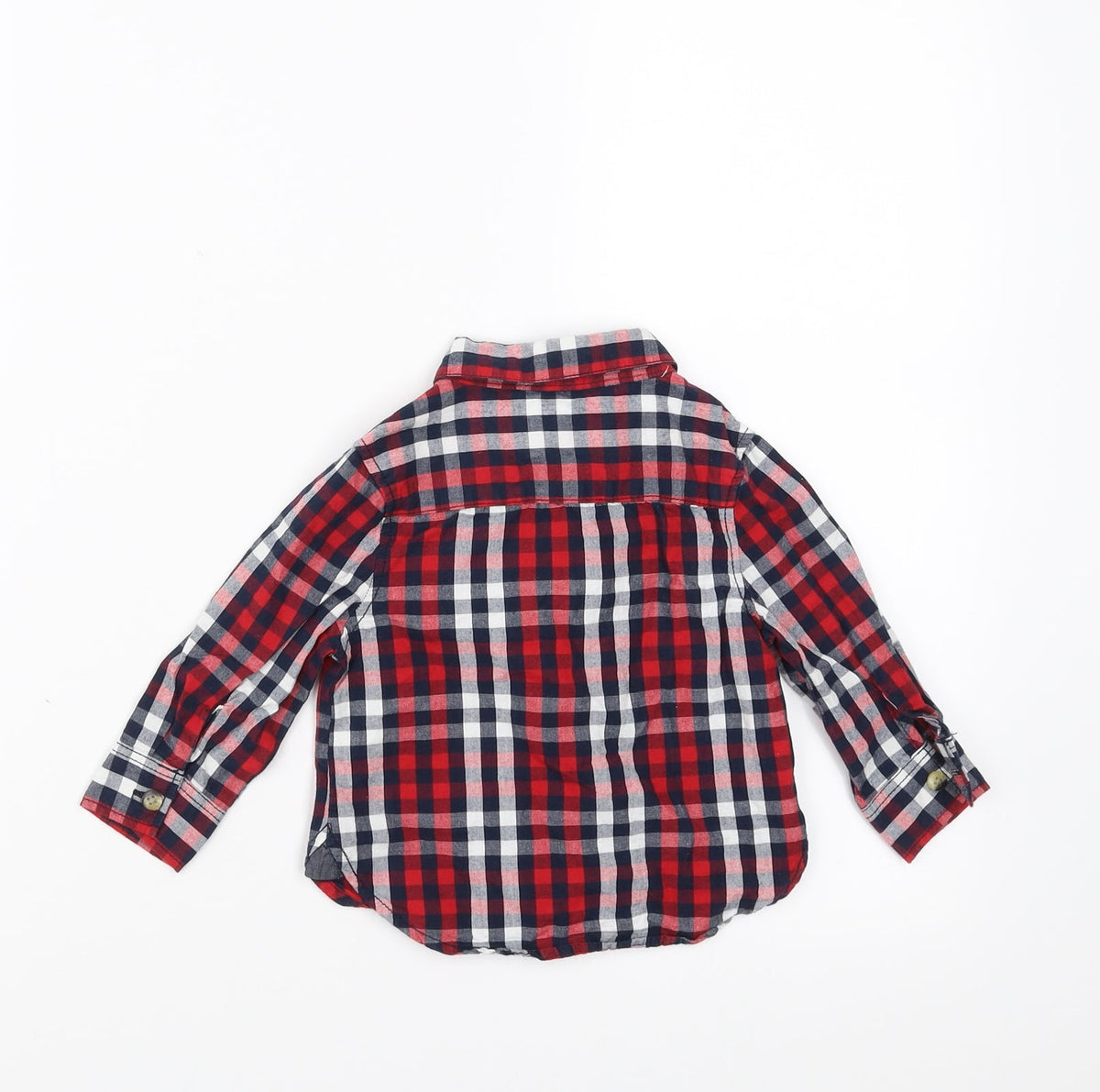 Back view of Mini Rebel boys’ blue check basic button-up, size 9-12, months