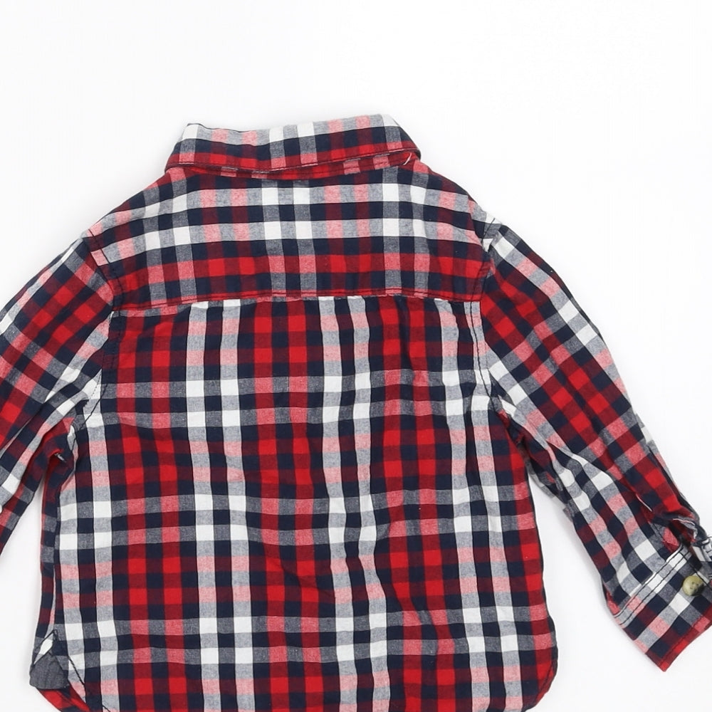 Brand and care label for Mini Rebel boys’ blue check basic button-up, size 9-12, months
