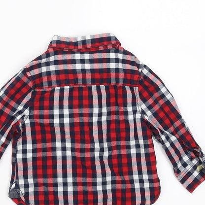 Brand and care label for Mini Rebel boys’ blue check basic button-up, size 9-12, months