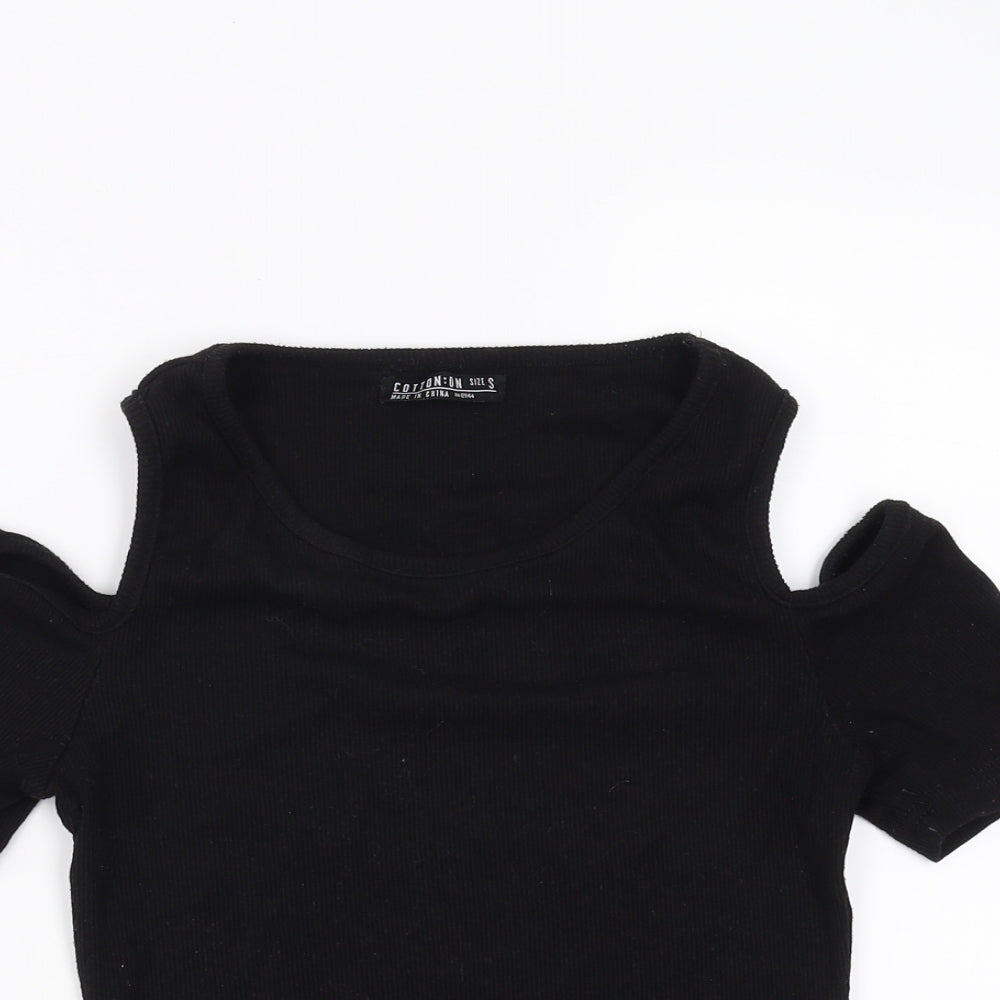 Close-up detail of cotton:on women’s black basic t-shirt, size S, - cold shoulder