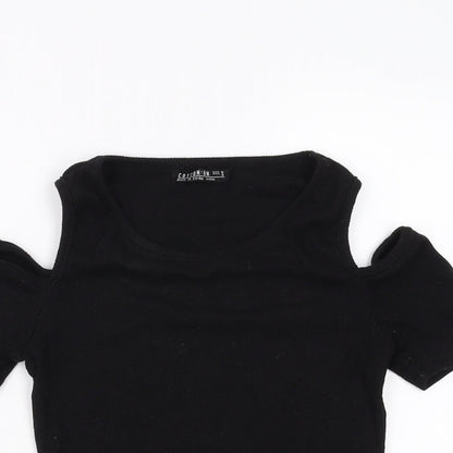 Close-up detail of cotton:on women’s black basic t-shirt, size S, - cold shoulder