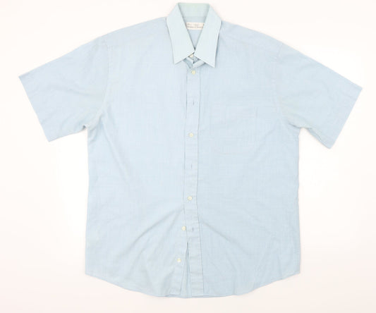 Mens UK Size 16 Marks and Spencer Blue  Button-Up Short Sleeve Casual Shirt