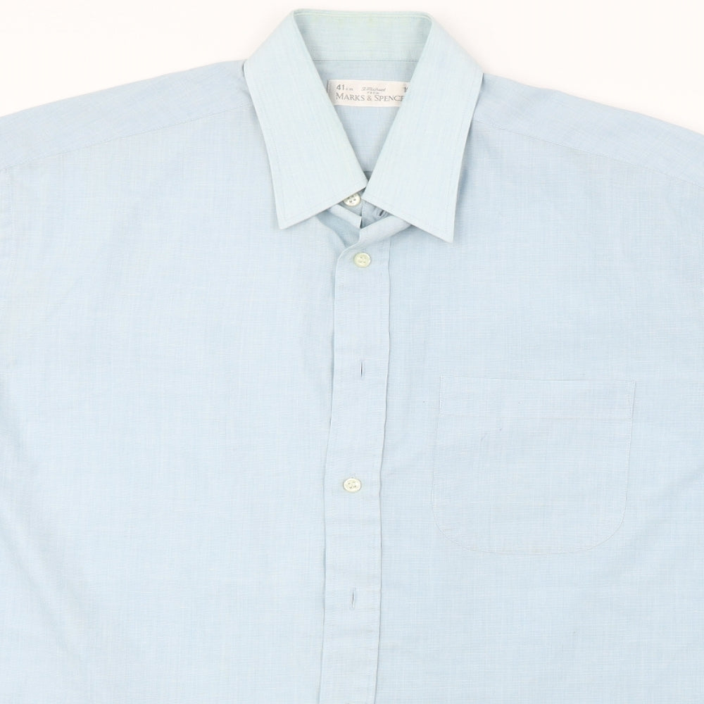 Mens UK Size 16 Marks and Spencer Blue  Button-Up Short Sleeve Casual Shirt