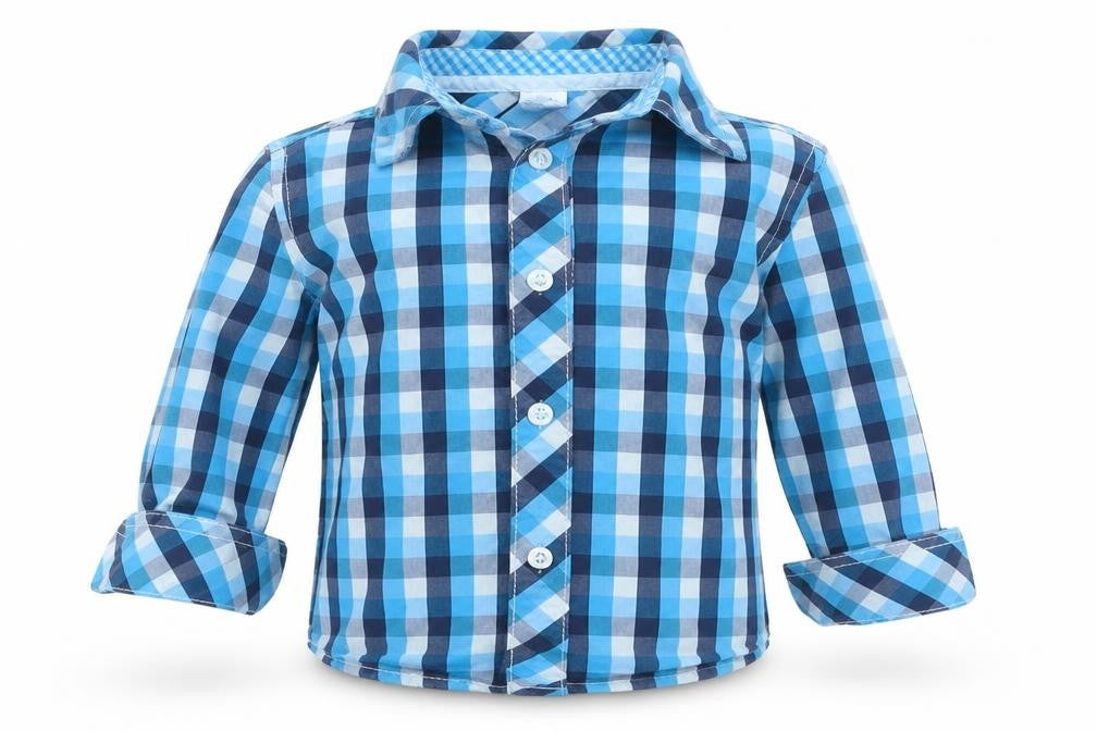 Front view of Baby Club boys’ blue check basic button-up, size 12, months