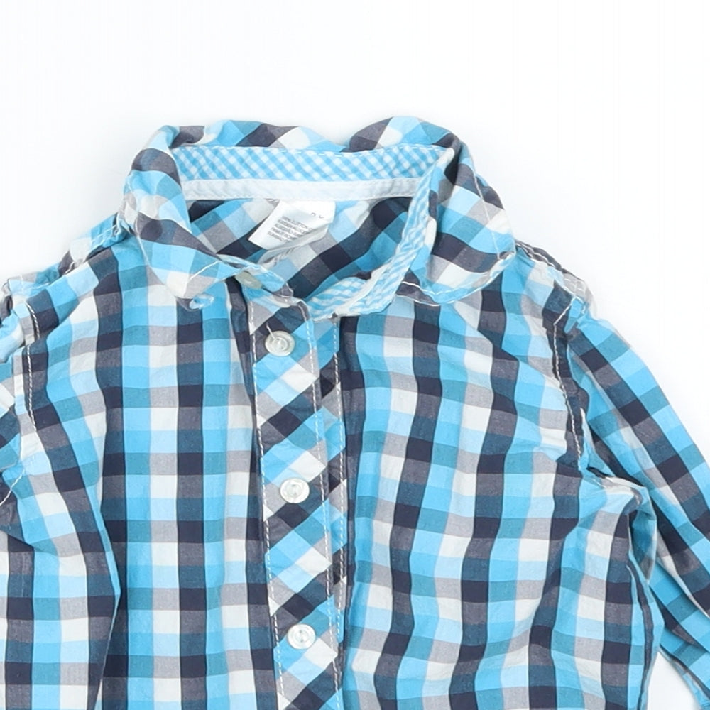 Close-up detail of Baby Club boys’ blue check basic button-up, size 12, months