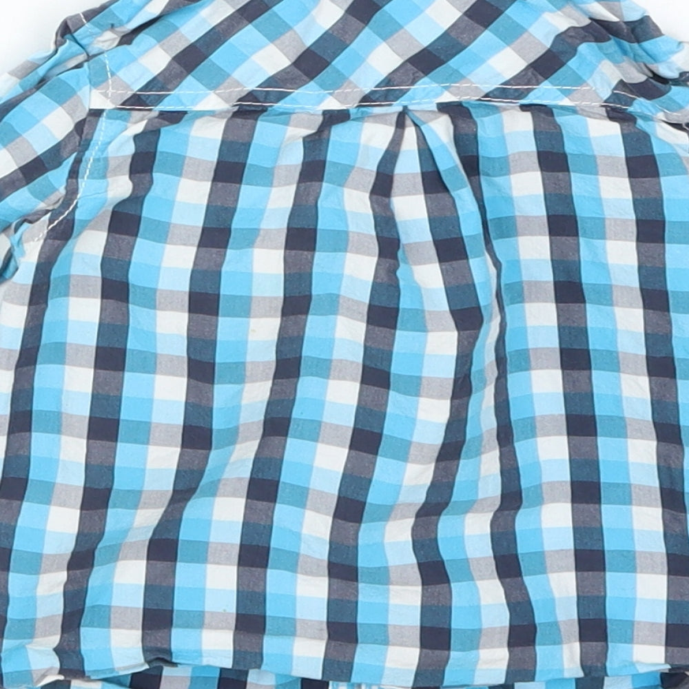 Brand and care label for Baby Club boys’ blue check basic button-up, size 12, months