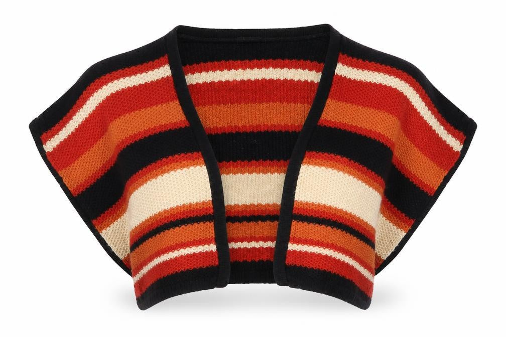 Front view of Internationale women’s red striped cardigan jumper, size M