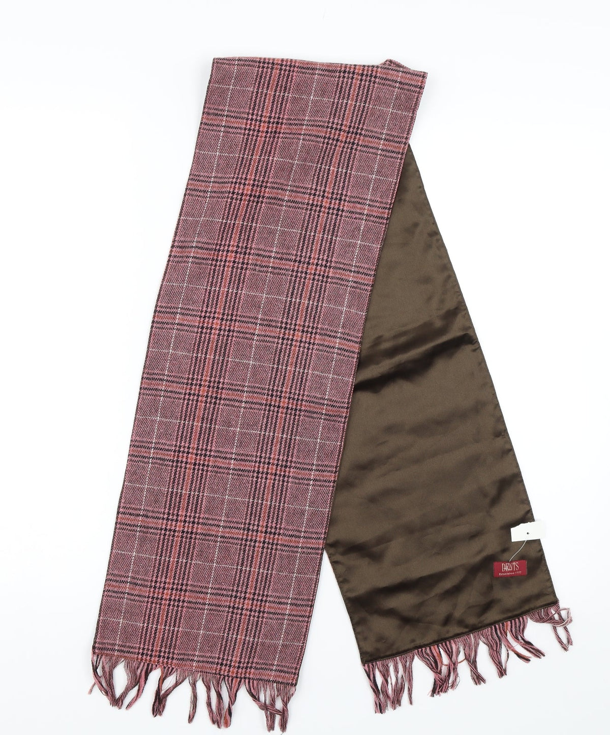 Front view of Dents unisex pink plaid scarf