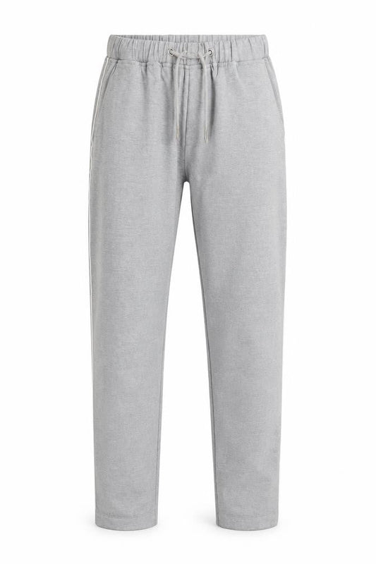 Front view of boohooMAN men’s grey trousers, size 32, 26-inch leg
