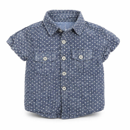 Front view of Rebel Baby Blue Polka Dot Basic Button-Up, size 9-12, Months