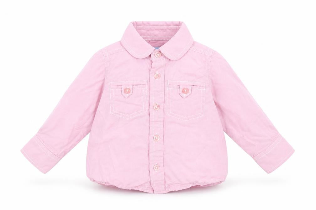 Front view of Rebel girls’ pink basic button-up, size 9-12, months