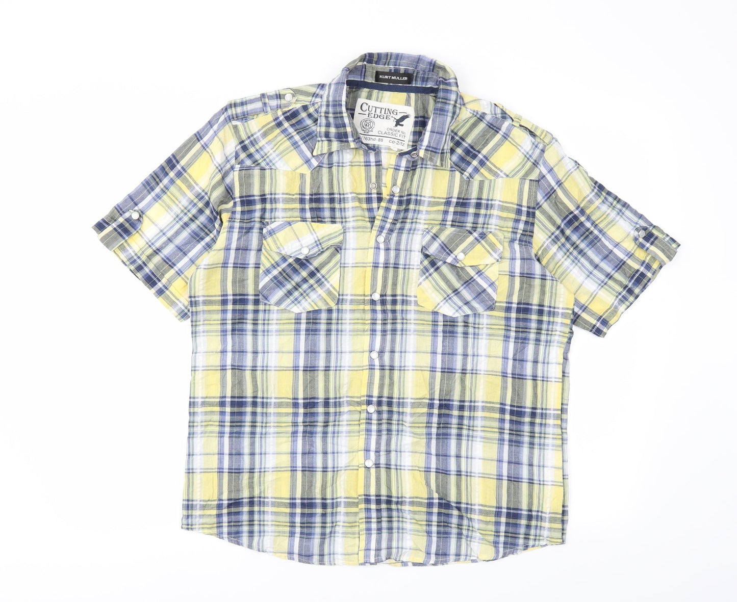 Mens UK Size M Kurt Muller Yellow  Button-Up Short Sleeve Casual Shirt