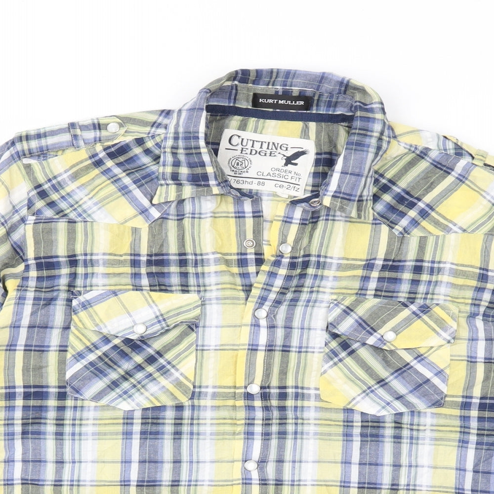 Mens UK Size M Kurt Muller Yellow  Button-Up Short Sleeve Casual Shirt