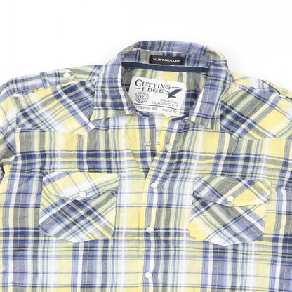 Mens UK Size M Kurt Muller Yellow  Button-Up Short Sleeve Casual Shirt