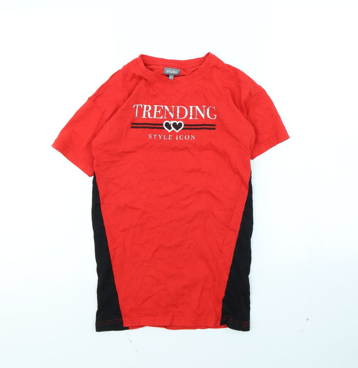 Front view of Studio girls’ red basic t-shirt, size 8, years