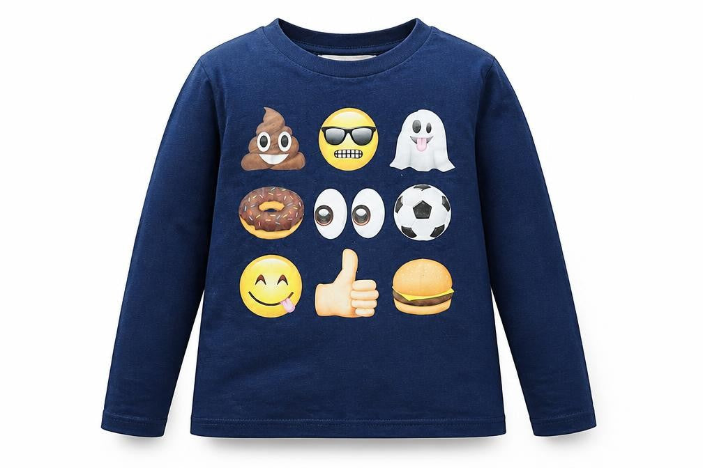 Front view of H&M girls’ blue basic t-shirt, size 4, years - emoji