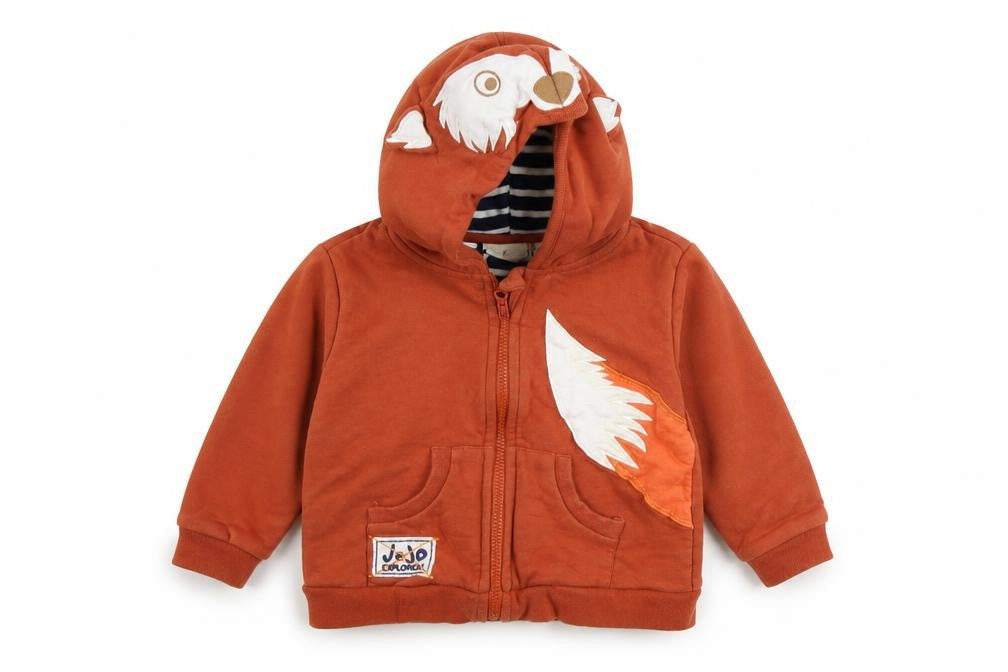 Front view of Mama Bear boys’ orange full zip jumper, size 6-9, months
