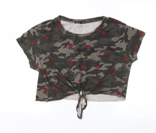 Bershka Womens Green Camouflage  Cropped T-Shirt Size L