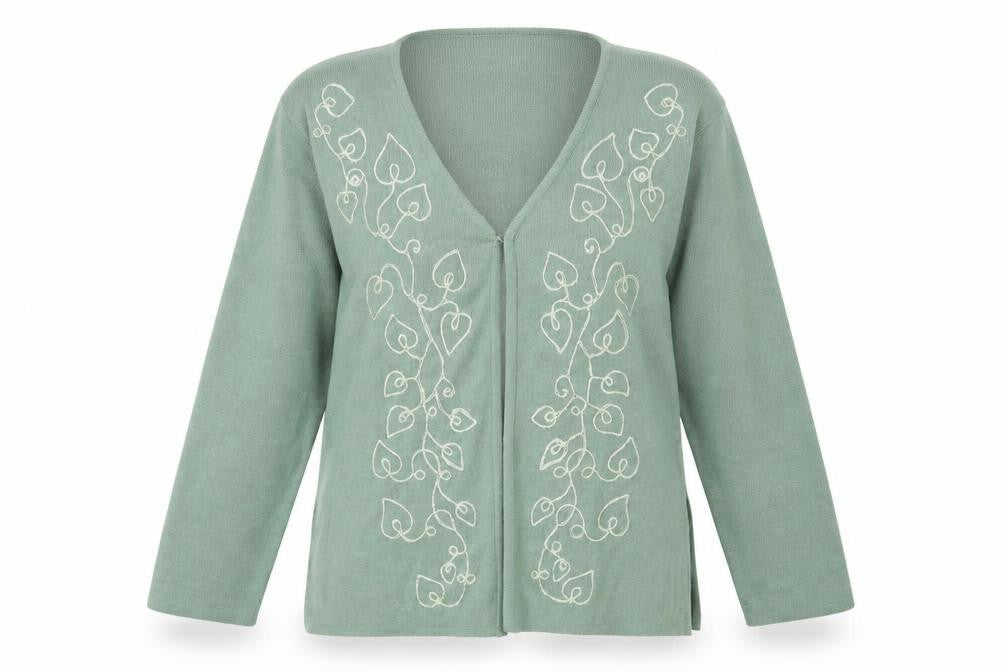 Front view of Akal women’s green knit cardigan jumper, size S