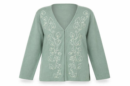 Front view of Akal women’s green knit cardigan jumper, size S