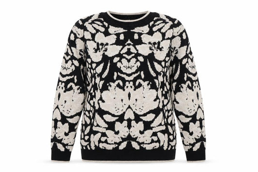 Front view of Papaya women’s black geometric jumper, size M, - sparkle