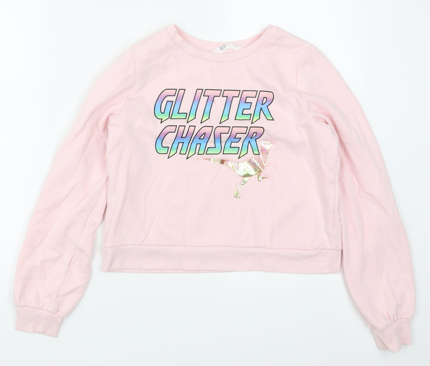 H&M Girls Pink   Pullover Sweatshirt Size 11-12 Years  - Glitter Chaser Dinosaur