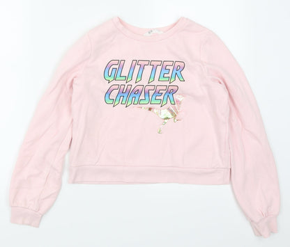 H&M Girls Pink   Pullover Sweatshirt Size 11-12 Years  - Glitter Chaser Dinosaur