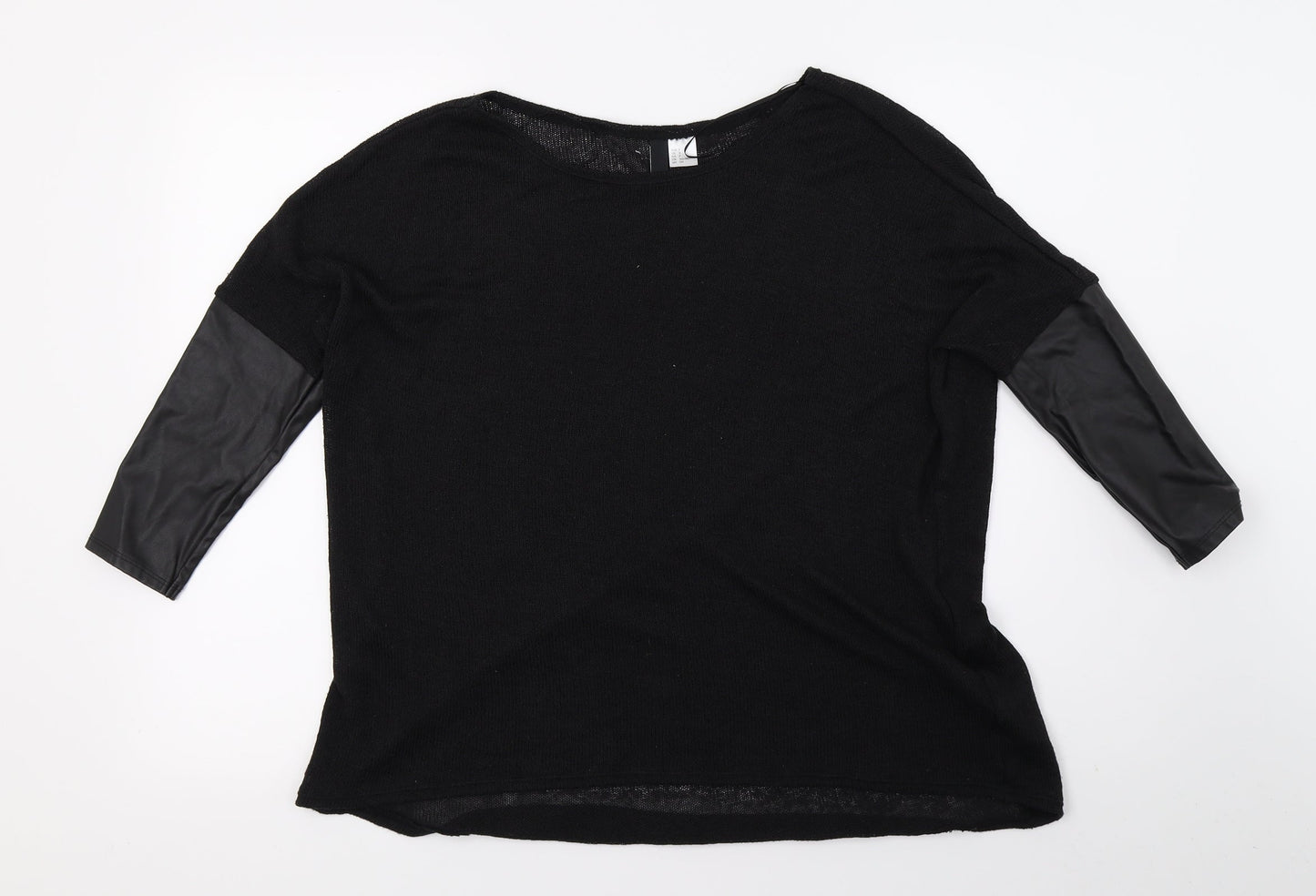 Primark Womens Black  Knit Basic T-Shirt Size S  - Faux Leather Sleeves