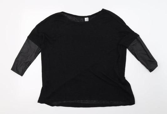 Primark Womens Black  Knit Basic T-Shirt Size S  - Faux Leather Sleeves