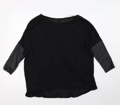 Primark Womens Black  Knit Basic T-Shirt Size S  - Faux Leather Sleeves