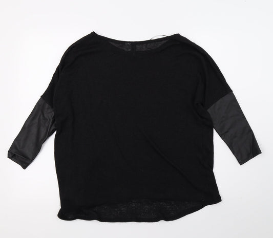 Primark Womens Black  Knit Basic T-Shirt Size S  - Faux Leather Sleeves