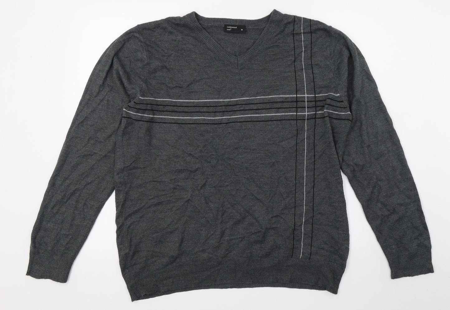 Cedar Wood State Mens Grey Striped Knit Pullover Jumper Size M