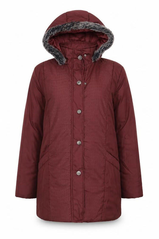 Front view of Anne De Lancay women’s purple parka coat, size S