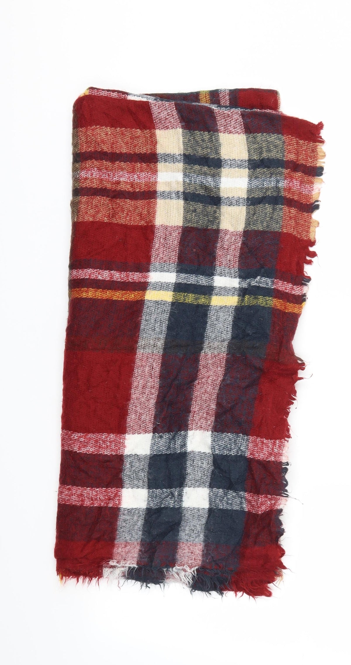 Front view of Preworn unisex red check scarf