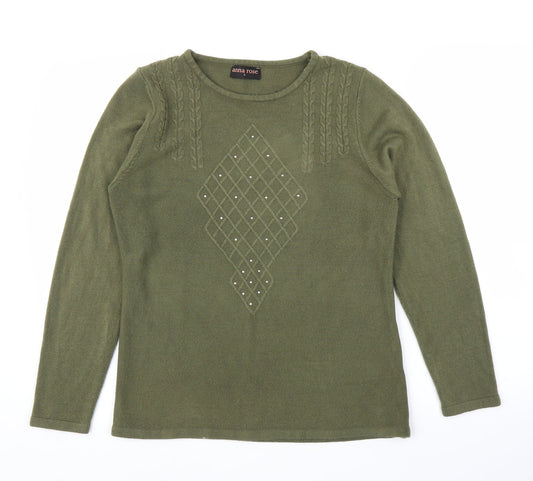 Anna Rose Womens Green Argyle/Diamond  Pullover Jumper Size L